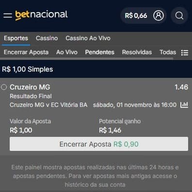 Captura de tela exibe o cash out com o código afiliado Betnacional ativado.