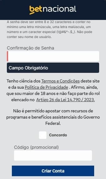 Captura de tela mostra como usar o código afiliado Betnacional no cadastro.