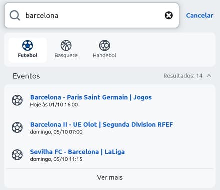 Captura de tela com a função de pesquisar da Betano.
