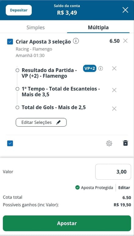 Captura de tela do bilhete de apostas na Sportingbet com aposta protegida ativada.