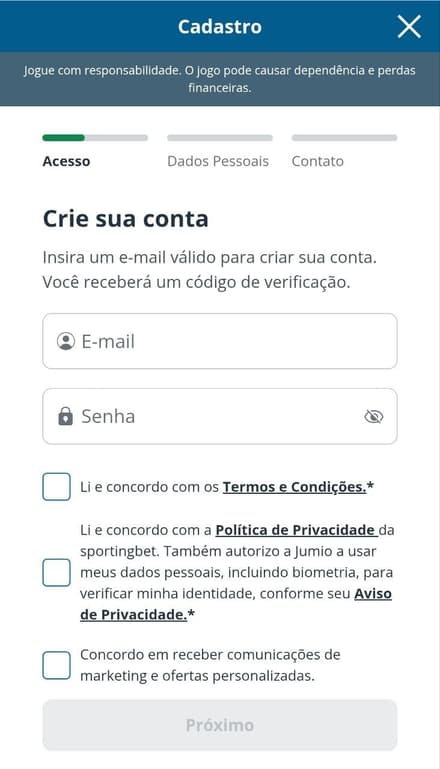 Captura de tela do formulário de cadastro na Sportingbet com campos de e-mail e senha.