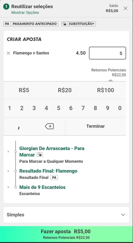 Captura de tela com a função Criar Aposta da bet365