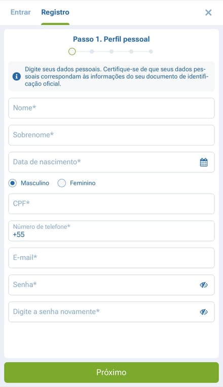 Captura da tela de cadastro sem o código 1xbet.