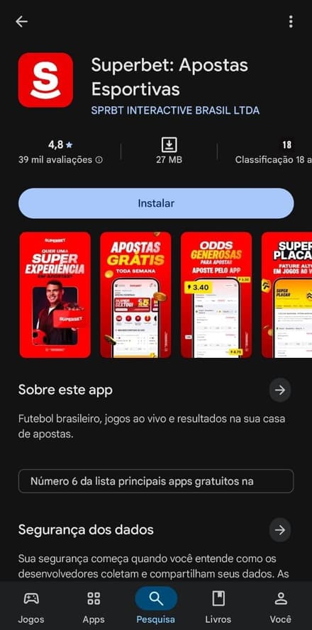 Aplicativo Superbet para download na Play Store