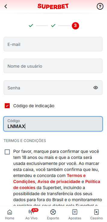 Formulário de cadastro superbet com código de indicação LNMAX para iniciantes