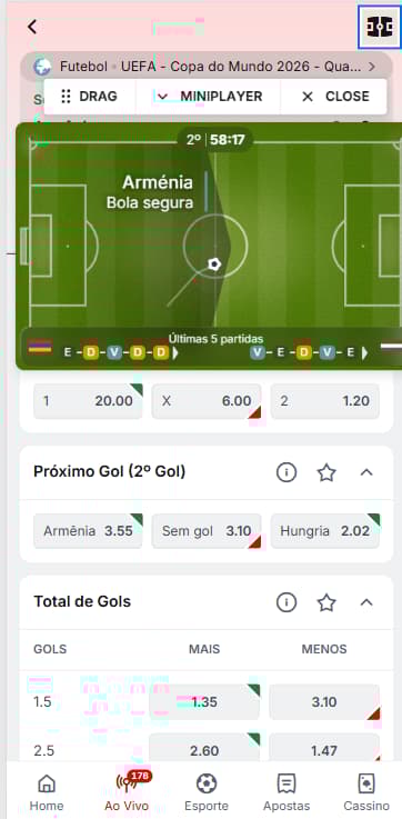 Campinho ao vivo na Superbet com opção mini player e reposicionar na tela