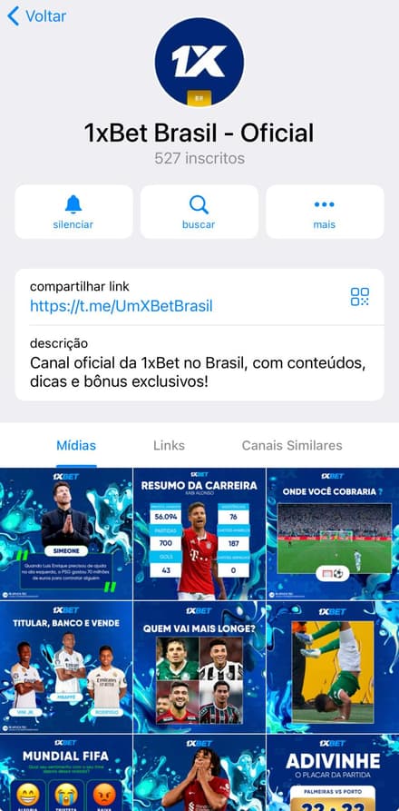 Captura da tela do canal no Telegram da 1xbet.