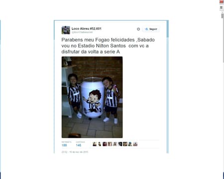 Loco Abreu mandou mensagem parabenizando o Botafogo (Reprodução)