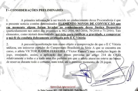 Trecho de documento da denúncia do Inter contra o Vitória no STJD (Foto: Reprodução)