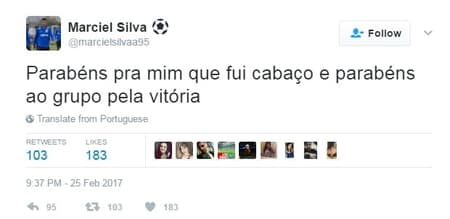 Marciel se manifestou no Twitter após vitória sobre o Mirassol<br>​