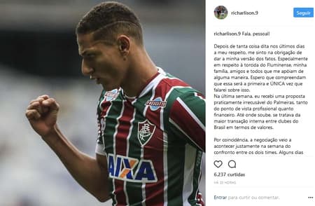 Na mira do Palmeiras, o tricolor Richarlison usou seu Instagram para se pronunciar e disparar: 'Não sou covarde'