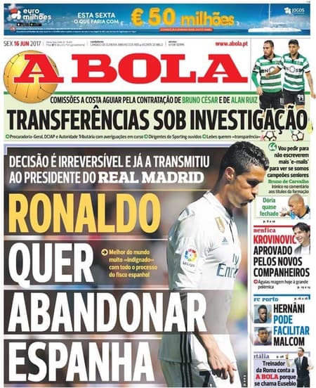 Nos primeiros dias da janela, o jornal português A Bola assustou a torcida do Real Madrid ao dizer em sua capa que Cristiano Ronaldo queria deixar a Espanha. O jornal dizia que o gajo se sentia perseguido pelo fisco da Espanha e sem apoio do Real Madrid.