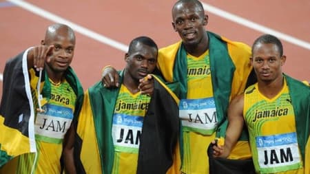 Equipe do revezamento 4 x 100 m da Jamaica, que perdeu a medalha de ouro na Olimpíada de Pequim-2008