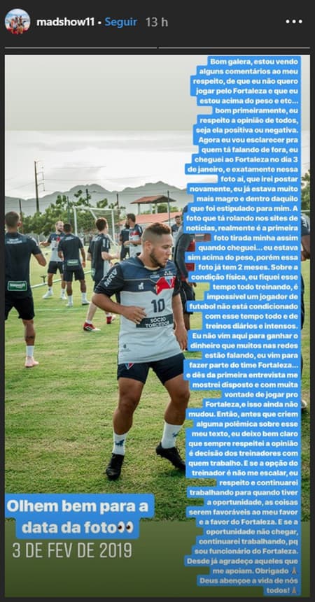 Madson em mensagem no Instagram