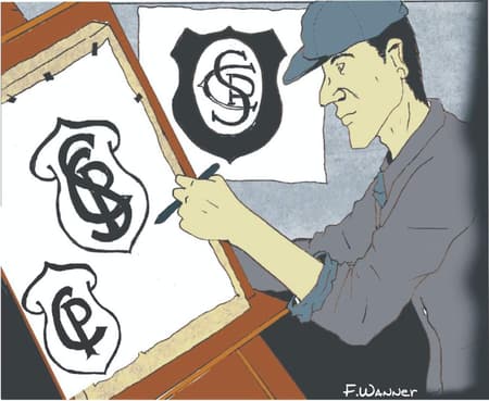 Ilustração feita pelo historiador Fernando Wanner após a descoberta dos escudos utilizados pelo Corinthians em 1916