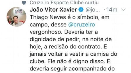 O tweet gerou repercussão pelo comentário de João Vitor e pela conta oficial da Raposa "concordar" com a postagem