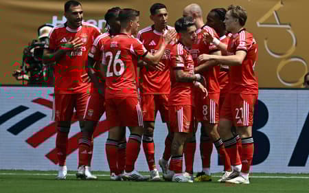 Benfica comemora gol diante do Bayern de Munique (Foto: Paul ELLIS / AFP)