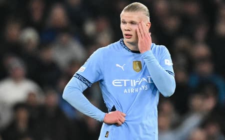 Haaland em ação pelo Manchester City contra o Real Madrid pela Champions