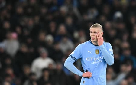 Haaland em ação pelo Manchester City contra o Real Madrid pela Champions