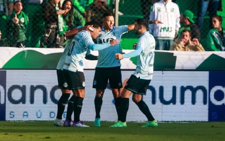 Jogadores do Grêmio comemoram um dos gols da vitória sobre o Juventude. (Foto: Luiz Erbes/AGIF)