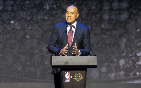 Mark Tatum, NBA deputy commissioner and chief operating officer, speaks during a press conference to announce NBA pre-season games coming to China in 2025, at the Londoner Hotel in Macau on December 6, 2024. The NBA will stage two pre-season games in Macau next October, its deputy commissioner said on December 6, marking its return to China after being frozen out for more than five years. (Photo by Eduardo Leal / AFP)