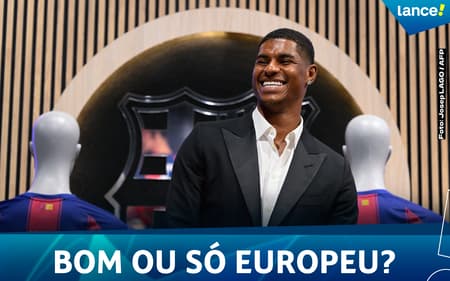 Rashford em sua apresentação pelo Barcelona (Arte: Lance!)