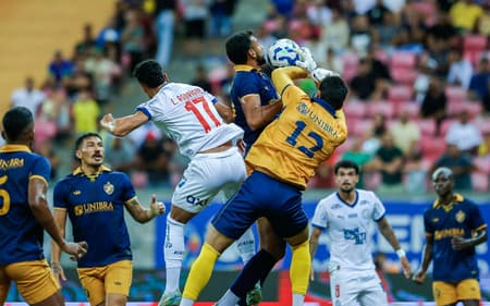 Lucho Rodríguez disputa bola aérea contra o Retrô (Foto: Rafael Rodrigues / EC Bahia)