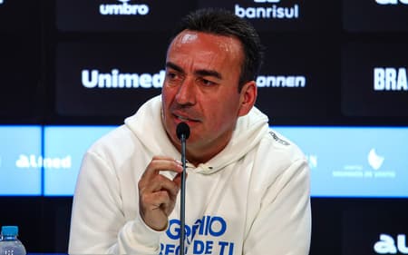 Marcelo Marques em entrevista coletiva após a compra da gestão da Arena do Grêmio. (Foto: Angelo Pieretti/Grêmio FBPA)