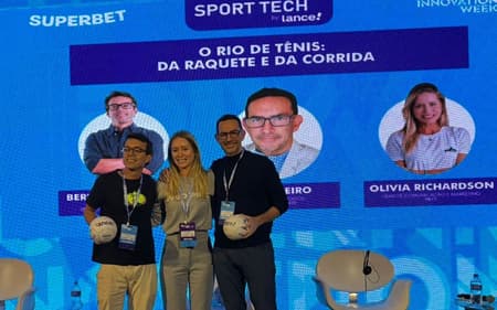 Bernardo Langoni, da Maratona do Rio, Olivia Richardson, da PRIO, e Enio Ribeiro, do Rio Open (Foto: Gustavo Loio/Lance!)