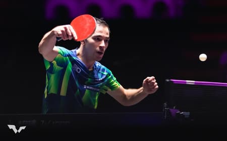 Hugo Calderano disputa o WTT de Macau, na China, que conta pontos importantes para o ranking internacional do tênis de mesa.. (Foto: Patrick Franziska)