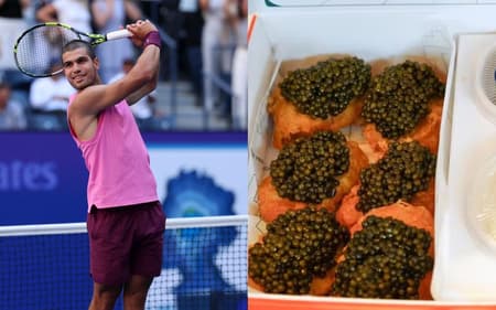 Carlos Alcaraz e nuggets com caviar (Foto: Clive Brunskill/ Getty Images via AFP/ US Open)
