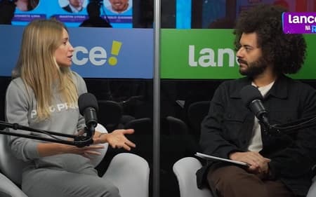Olívia Richardson, Head de Comunicação e Marketing da PRIO, e Thayuan Leiras, apresentador do LANCE! (Foto: Divulgação)