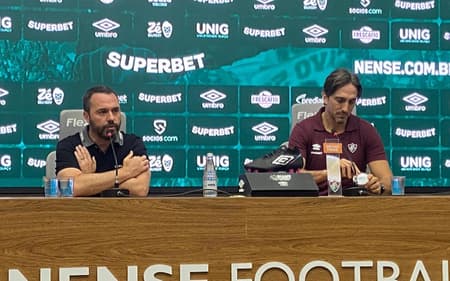 Mário Bittencourt e Luis Zubeldía em coletiva no CT do Fluminense (Foto: Pedro Brandão/ Lance!)