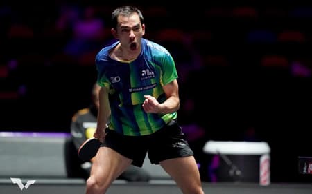 Hugo Calderano em ação no WTT de Macau (Foto: Divulgação/ WTT)