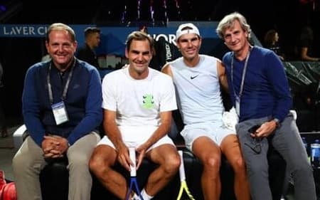 Tony Godsick, Roger Federer, Rafael Nadal e Carlos Costa na Laver Cup 2019