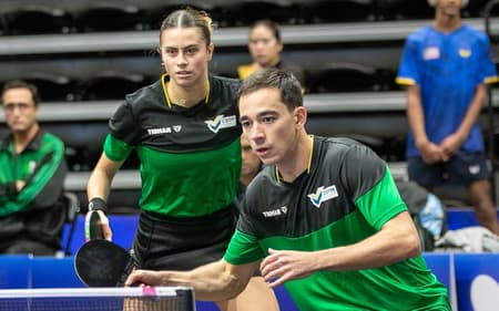 Bruna Takahashi e Hugo Calderano no Pan-Americano 2025 (Foto: ITTF Americas)