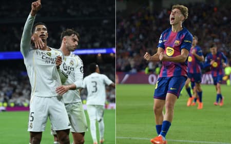 Bellingham e Fermín comemoram gols por Real Madrid e Barcelona na Champions League