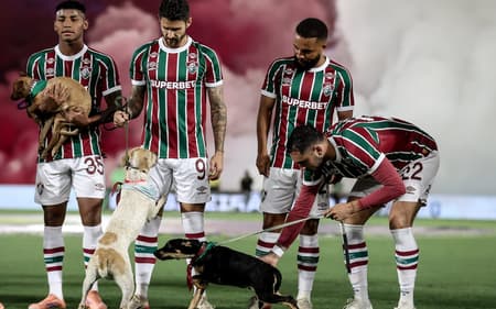 Jogadores do Fluminense com cachorros na entrada do jogo (Foto: Lucas Merçon/ Fluminense FC)