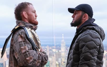 Primeira encarada de Jack Della Maddalena e Islam Makhachev do UFC 322 (Foto: Reprodução/UFC)