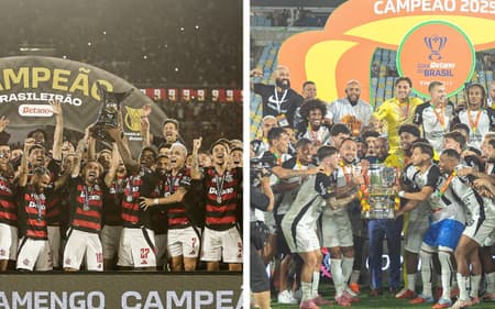 Flamengo e Corinthians levantam os respectivos troféus conquistados em 2025 (Fotos: Gilvan de Souza / Flamengo e Léo Barrilari / Gazeta Press)