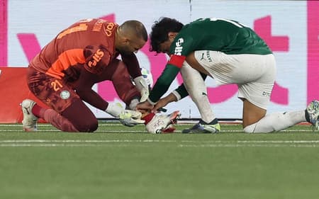 O goleiro Weverton e o jogador Gustavo Gómez (D), da SE Palmeiras