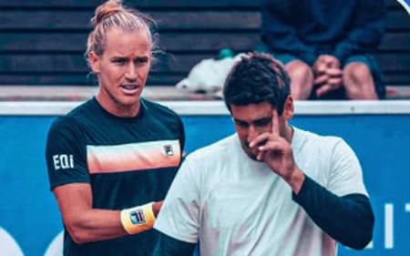 Rafael Matos (e) e Orlando Luz caíram nas quartas em Brisbane (Reprodução)