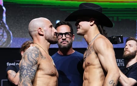 Diego Lopes (dir) tentará tirar o título de Volkanovski (esq) (Foto: Reprodução Twitter UFC)