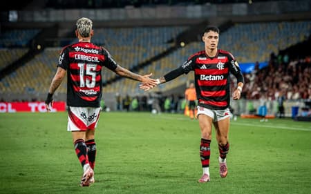 Carrascal e Luiz Araújo se cumprimentam em jogo do Flamengo na Libertadores (Foto: RAFAEL SACHARNY/AGENCIA ENQUADRAR)