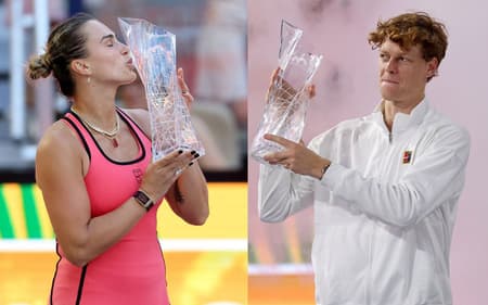 Aryna Sabalenka e Jannik Sinner com os troféus do Miami Open 2026 - Masters 1000(Foto: Matthew Stockman/Getty Images via AFP)
