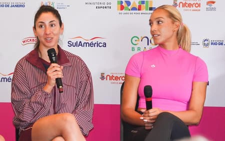 Melissa e Brandie, do Canadá, na coletiva de imprensa do Areia Games (Foto: Maurício Val)