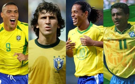 Montagem Ronaldo Fenômeno, Zico, Ronaldinho Gaúcho e Romário (todos com a camisa da Seleção Brasileira)