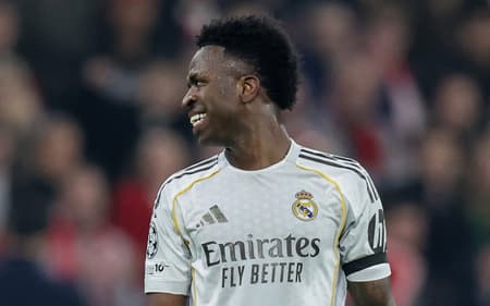 Vini Jr em ação no jogo do Real Madrid contra o Bayern de Munique, na Champions League (Foto: Alexandra BEIER /AFP)