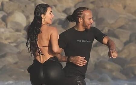 Lewis Hamilton, piloto da F1, e Kim Kardashian em encontro na praia (Foto: Reprodução/X)