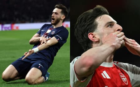 Kvaratskhelia e Rice são destaques de PSG e Arsenal, finalistas da Champions League (Fotos: Anne-Christine Poujoulat / AFP e Glyn Kirk/AFP)